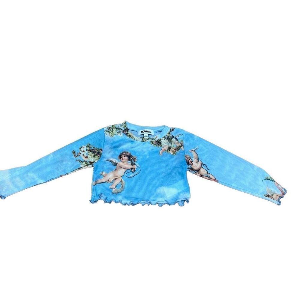 Nova Kids Girls Angel Lettuce Edge Trim Long Sleeve Crop Top Blue Size 2T - Picture 2 of 9